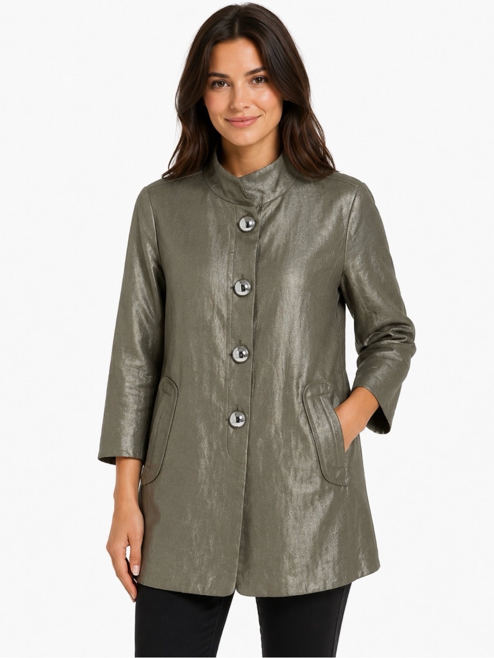 Per Se  Metallic Shiny Button Front Stand Collar Jacket Eclectic Taupe Size 4